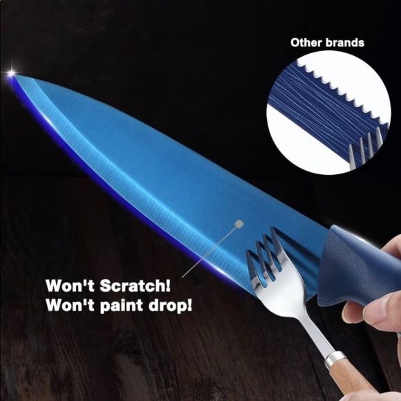 Blue 7 piece Kitchen Knife Sets, Knife Block Stainless Steel with Knives - Picture 4 of 7